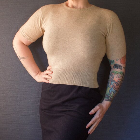 Vintage Cashmere Sweater Heather Cream sz M /L Winter Fall Pinup Neutral knit - Picture 7 of 7